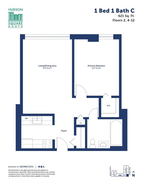 Floor plan for 1 bed, 1 bath, 621 sqft